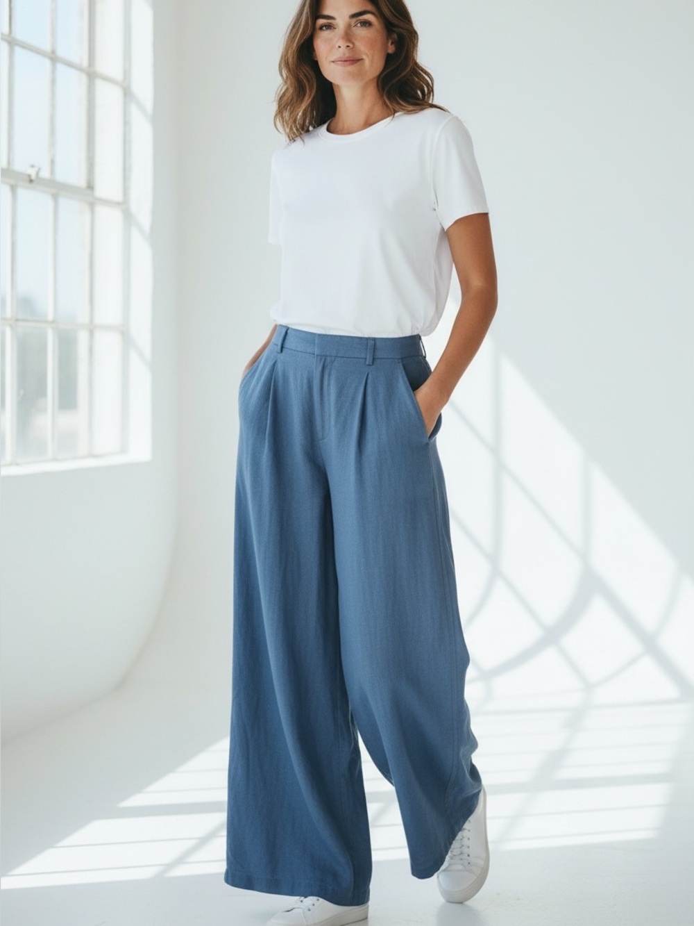 AERIE (L) Linen Blend High Waisted Trouser Wide Leg Pockets Blue